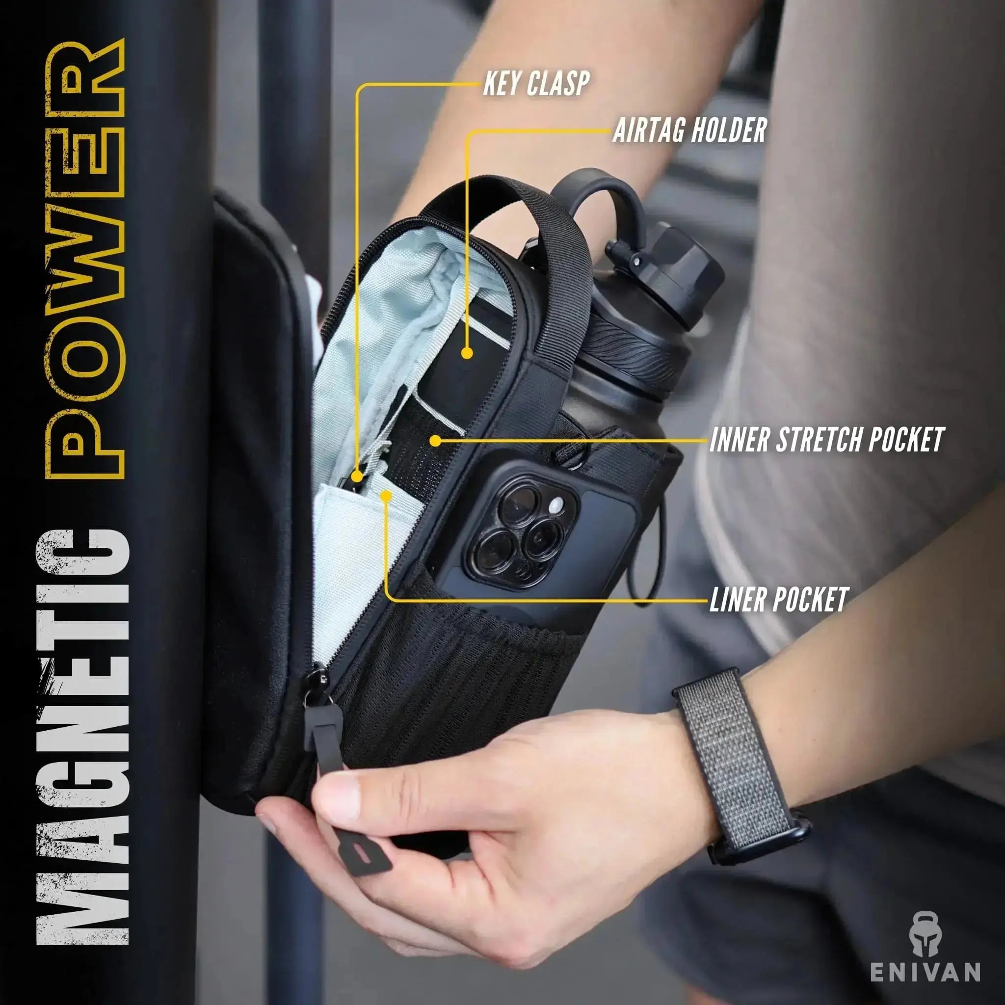 ENIVAN BLACK MAGNETIC GYM BAG WITH BOTTLE HOLDER Enivan