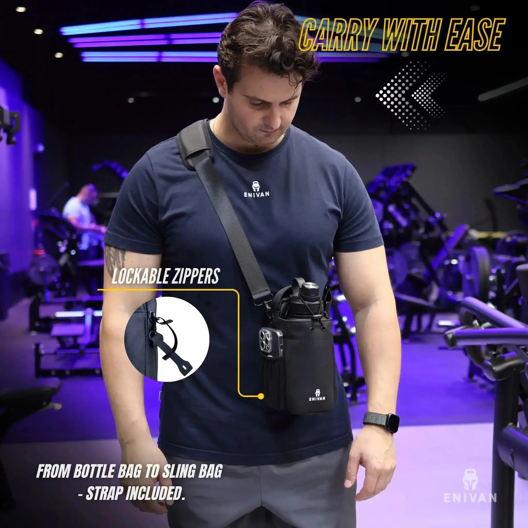 ENIVAN BLACK MAGNETIC GYM BAG WITH BOTTLE HOLDER Enivan